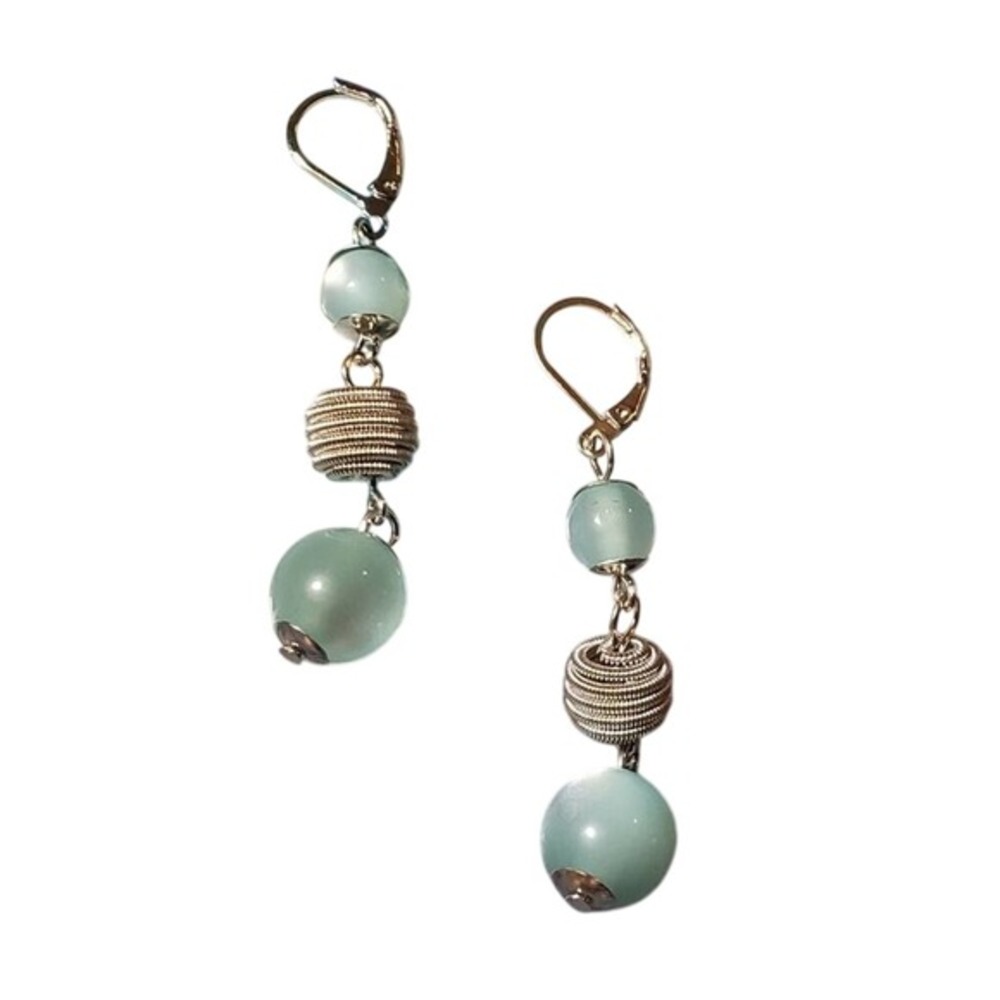 Lucky Brand Light Blue Cats Eye Glass Bead Silver Wire Coil Tiered Drop Earrings